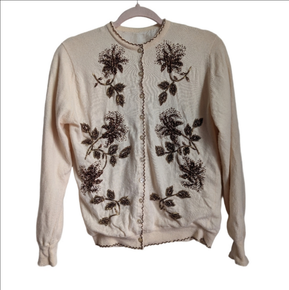 VINTAGE Cream Brown Embroidered Dainty Pearls Soft Knit Cardigan Size Medium